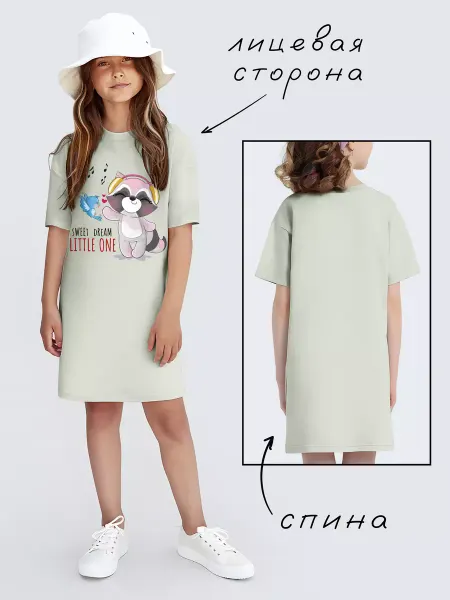 Nuobi Kids Платье Футболка Енот Птичка Музыка Детское Мультяшное Миди