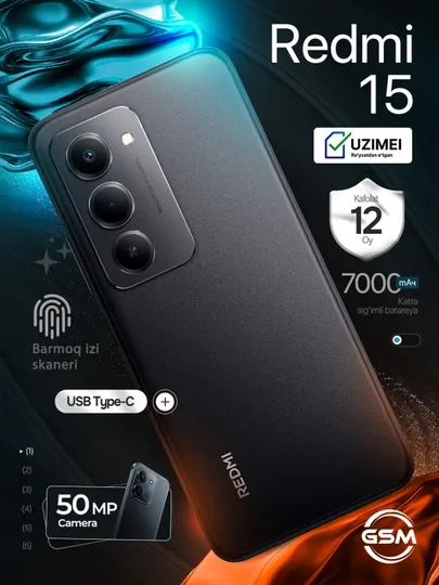 Смартфон Redmi 15, 6.9" IPS-дисплей, 50 Мп, 7000 мАч, быстрая зарядка 33 Вт