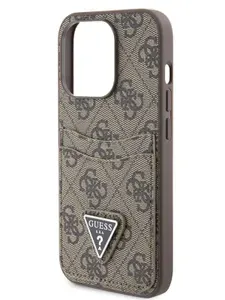 Чехол Guess PU Double cardslot на Apple iPhone 15 Pro / Айфон 15 Про из экокожи, с карманом для карт, с металлическим логотипом и принтом 4G, коричневый