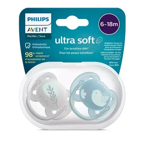 Соска пустышка Philips Avent ultra soft SCF091/15, птичка/листочки, 6-18 мес., 2 шт.