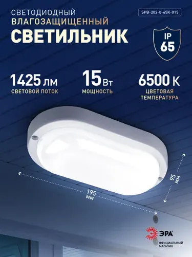 Светильник светодиодный влагозащищенный ЭРА SPB-202-0-65K-015 15Вт 6500K IP65 овальный