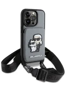 Чехол Karl Lagerfeld PU Crossbody cardslot на Apple iPhone 15 Pro Max / для Айфон 15 Про Макс из экокожи с ремешком через плечо, с карманом для карт с NFT Karl&Choupette, серебристый. Товар уцененный