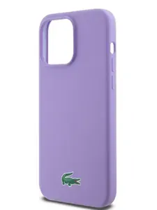 Чехол Lacoste Liquid silicone Magsafe на Apple iPhone 15 Pro Max / Айфон 15 Про Макс силиконовый с эффектом софт тач, с защитой камеры, с функцией Магсейф Croc logo, сиреневый