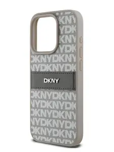 Чехол DKNY PU на Apple iPhone 15 Pro Max из экокожи, с металлическим логотипом, с принтом Repeat texture Tonal stripe, бежевый