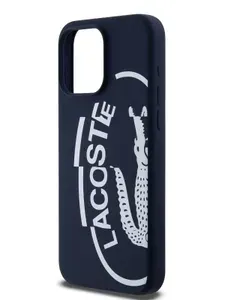 Чехол Lacoste Liquid silicone на Apple iPhone 15 Pro Max / Айфон 15 Про Макс силиконовый с эффектом софт тач, с принтом Oval, синий