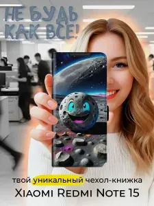 Чехол-книжка для Xiaomi Redmi Note 15 (Сяоми Редми Ноут 15) с принтом, черный