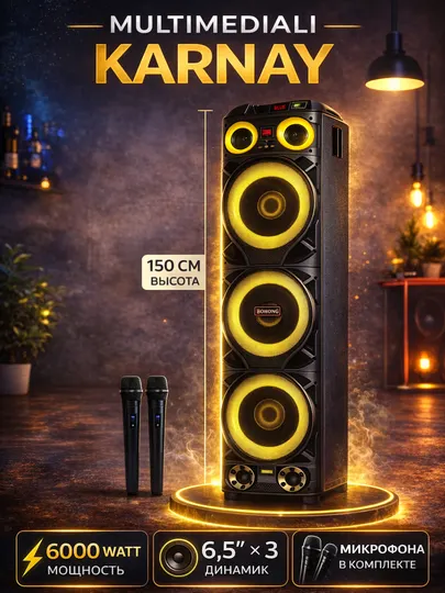 Мощная колонка Bonong Bluetooth 6000W RGB подсветка караоке 2 микрофона 150см