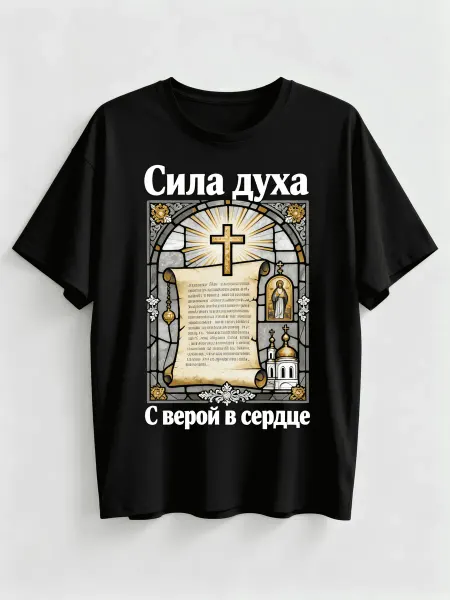 Футболка православного стиля! С принтом Сила духа, с иконой