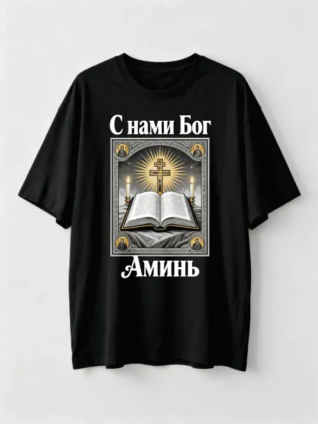 Футболка православная с иконographicznym узором, надписями «