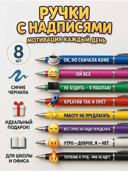 КанцОпт Ручки с надписями мотивационные набор 8 штук на подарок
