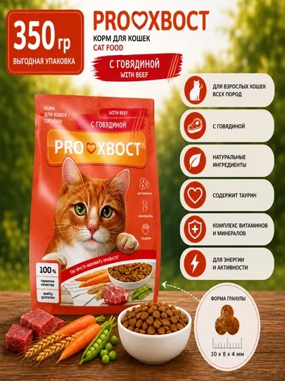 Корм сухой для кошек Proхвост 35 PH 154, говядина, 350 г
