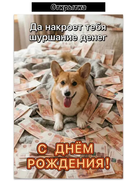 Postcards Открытка с днём рождения, поздравительная собака в деньгах