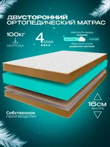 Ортопедический беспружинный двуспальный матрас 185х195 см VITAFLEX Anatomic 15V Sk, с кокосом, ППУ, двусторонний, разная жесткость сторон, в рулоне