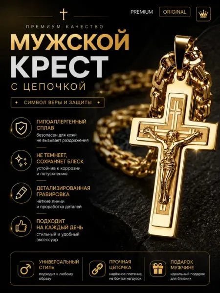 Цепочка на шею с крестом стальная