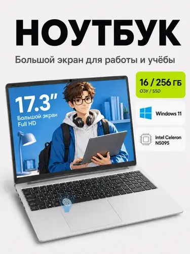 Для работы Ноутбук 17.3", Intel Celeron N5095A, RAM 16 ГБ, SSD 256 ГБ, Intel HD Graphics, Windows Pro, серебристый, Русская раскладка