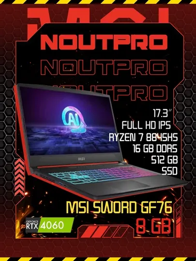 Ноутбук MSI Sword GF76, Ryzen 7 8845HS,16 GB DDR5/512GBSSD RTX 4060 8 GB-17.3″ Full HD IPS