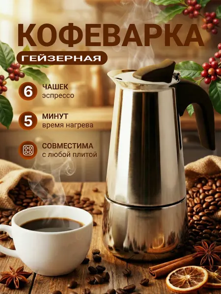 Кофеварка электрическая гейзерная турка 300 мл 6 чашек