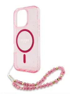 Чехол Guess PC/TPU Magsafe Glitter на Apple iPhone 16 Pro из пластика и силикона, с блестками, ремешком из бусин на руку, функцией Магсейф, розовый