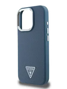 Чехол Guess PU Grained MagSafe на Apple iPhone 16 Pro из зернистой экокожи, с металлическим логотипом Triangle, с функцией Магсейф, голубой
