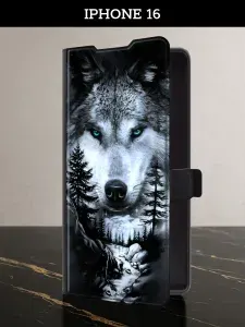 Чехол-книжка на Apple iPhone 16 (Айфон 16) с картой и принтом "Волк в зимнем лесу"
