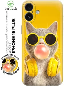 Силиконовый чехол на Apple iPhone 16 Plus с принтом "Стильный котик меломан"