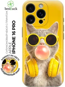 Силиконовый чехол на Apple iPhone 16 Pro с принтом "Стильный котик меломан"