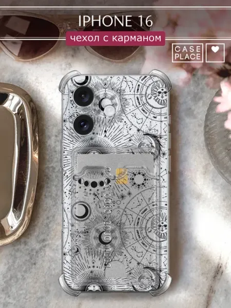 Case Place Чехол на iPhone 16 с карманом с цветочками