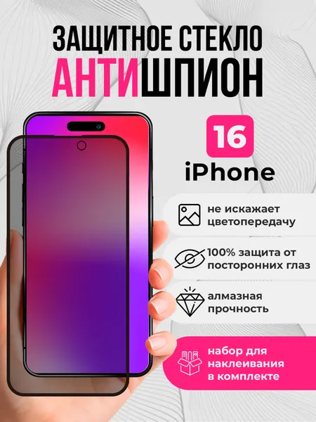 Защитное стекло антишпион на iphone 16 с олеофобным покрытием, на весь экран, усиленное на Айфон 16, как commo