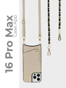 Чехол на ремешке для iPhone 16 Pro Max с дополнительной цепочкой "Шанель". Бежевый