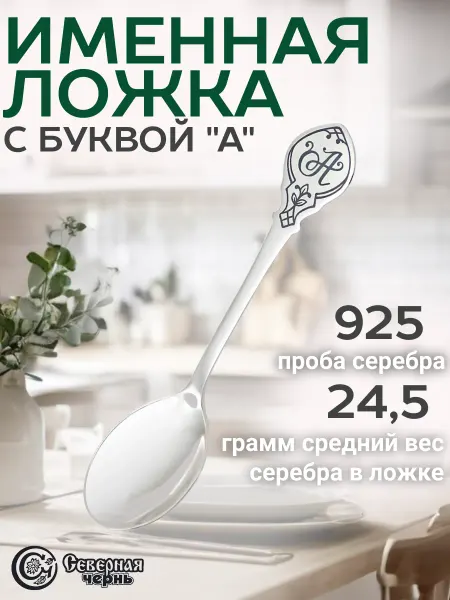Северная Чернь Серебряная именная чайная ложка "М"