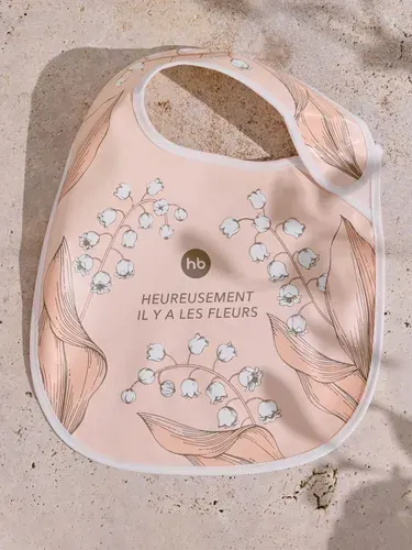 16009, Нагрудник для кормления Happy Baby, слюнявчик детский, водонепроницаемый, на липучке, от 6 месяцев, розовый с ландышами