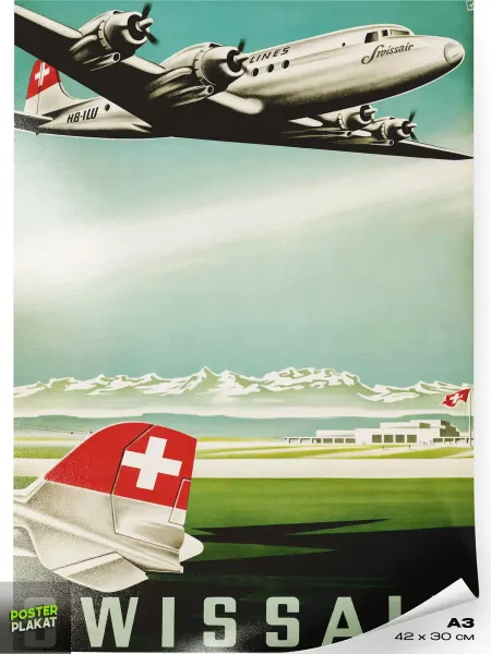 Постер Плакат Постер ретро винтажный Авиакомпания Swissair на стену