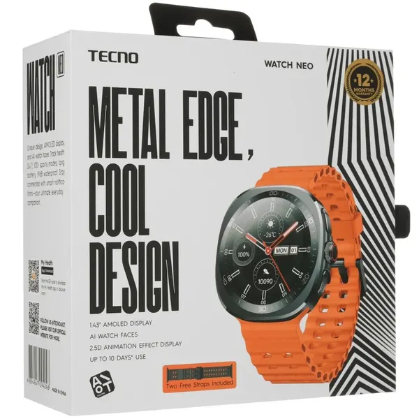 Смарт-часы Tecno Watch Neo + доп. ремешок, 1.43" AMOLED, 466x466, IP68, оранжевый/черный