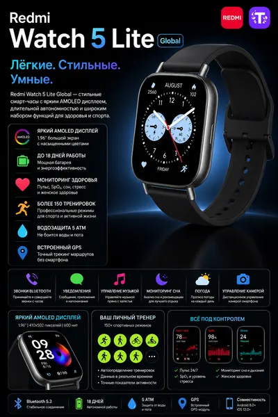 Умные часы Redmi Watch 5 Lite Global AMOLED GPS Bluetooth звонки