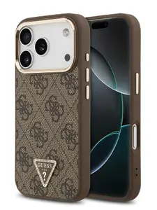 Чехол Guess на iPhone 17 Pro, PU Leather MagSafe, из экокожи, с металлическим логотипом со стразами, 4G Triangle Diamond, розовый