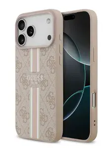 Чехол Guess на iPhone 17 Pro Max, PU Leather MagSafe, из экокожи, с принтом 4G Stripes, розовый