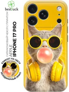 Силиконовый чехол на Apple iPhone 17 Pro с принтом "Стильный котик меломан"