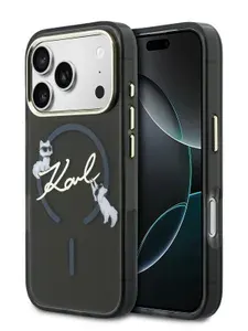 Чехол Karl Lagerfeld на iPhone 17 Pro Max, IML MagSafe, с металлическими рамкой и кнопками, с принтом NFT Choupettes Script logo, черный