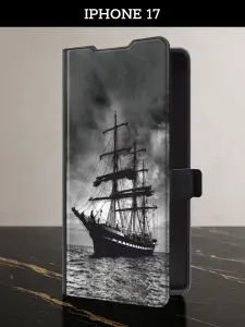 Чехол-книжка на iPhone 17 (Айфон 17) с картой и принтом "Корабль в пасмурном море"