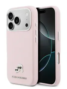 Чехол Karl Lagerfeld на iPhone 17 Pro, Saffiano MagSafe, из сафьяновой экокожи, с металлическими рамкой, кнопками, значком NFT Karl&Chouppette, розовый