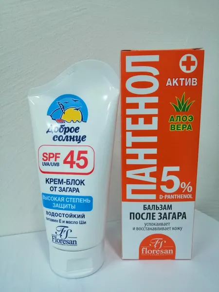 Набор солнцезащитной косметики, Флоресан, водостойкий крем-блок от загара SPF 45 с витамином Е и D-пантенолом 60мл+пантенол бальзам после загара пантенол актив 100 мл