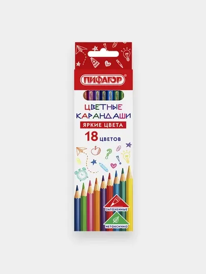 Карандаши цветные ПИФАГОР, 18 цветов, пластиковый шестигранный корпус, 182049