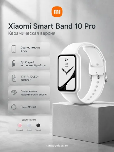 Фитнес-браслет Xiaomi Smart Band 10 Pro Ceramic Edition BHR095AGL(M2331B1), белый