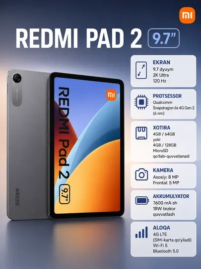 Redmi Pad 2, 9,7 дюйма, 4G WI-FI, 7600 мА/с, быстрая зарядка 18 Вт