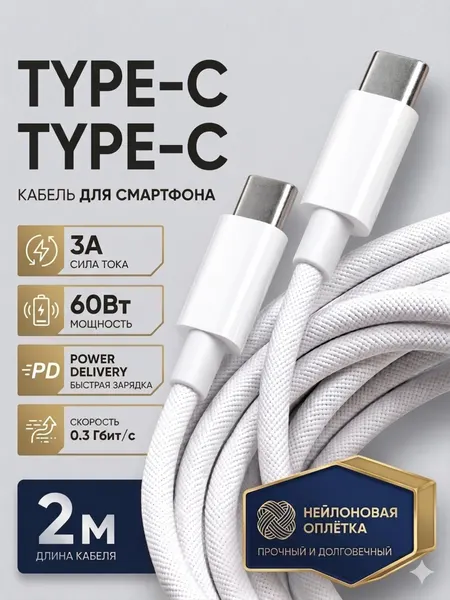 Кабель зарядки Type-C Type-C для iPhone/iPad/AirPods/ Power Delivery, белый, плетеный, 2 метра