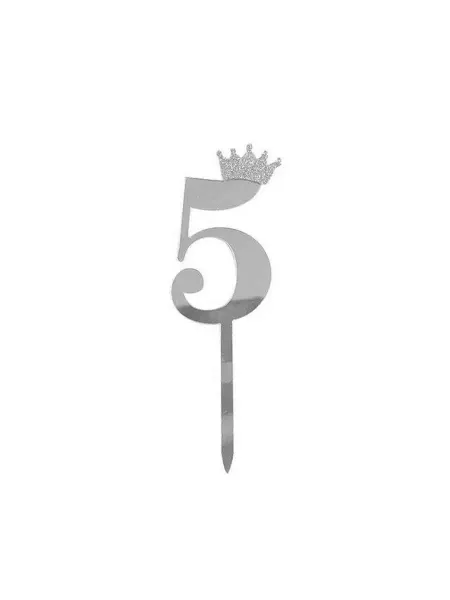 Дон Баллон Топпер, Цифра, 5, с короной, Серебро, Металлик, 7*18 см