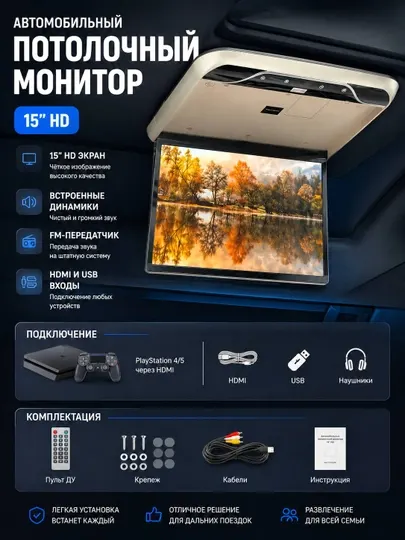 Потолочный автомобильный монитор 18.5” Full HD HDMI/USB
