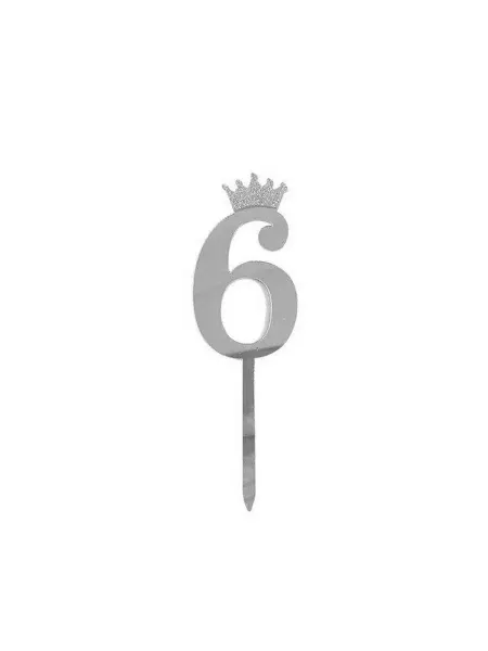 Дон Баллон Топпер, Цифра, 6, с короной, Серебро, Металлик, 7*18 см