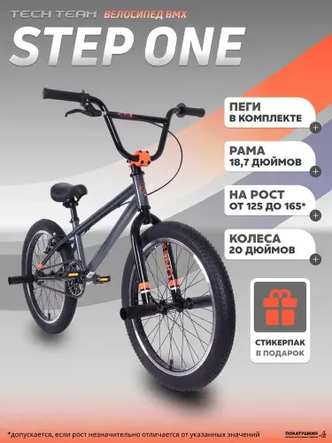 Трюковой велосипед BMX Tech Team Step One 18,7"х20" серый grey. подростковый для мальчиков для девочки. бмх велик детский. бмикс теч тим. пеги