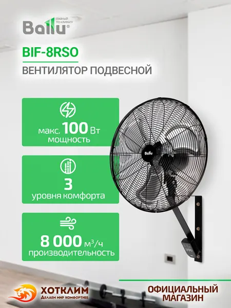 Настенный вентилятор, Ballu BIF-8RSO, монтажная консоль, пульт ДУ